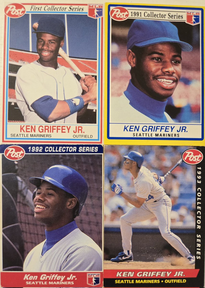 My grandma Rita ate Post Raisin Bran, Grape Nuts and other cereals in the early 1990s to collect baseball cards like these Ken Griffey Jr. cards for me. Griffey was one of her favorite players of this era. Miss ya Grandma!