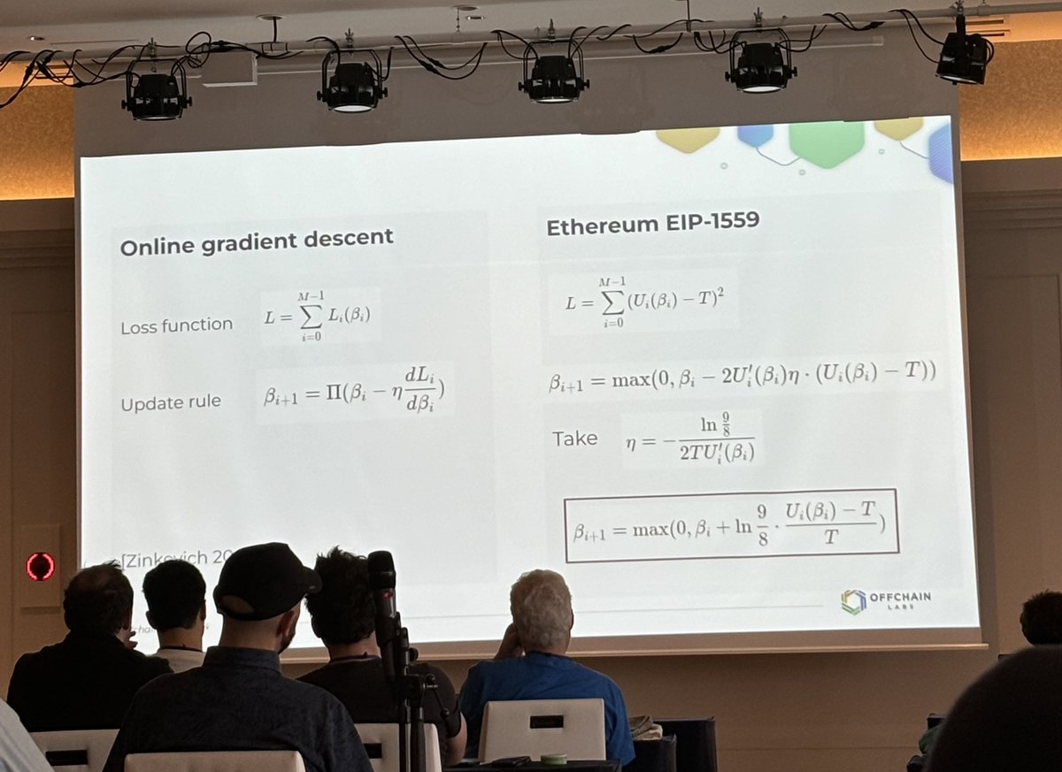 Manvir Schneider (@manv_sc) on Twitter photo Insightful keynote by <a href="/EdFelten/">Ed Felten</a> on multidimensional resource pricing and also highlighting the link between EIP-1559 fee mechanism and online gradient descent (Zinkevich 2002). Insightful keynote by <a href="/EdFelten/">Ed Felten</a> on multidimensional resource pricing and also highlighting the link between EIP-1559 fee mechanism and online gradient descent (Zinkevich 2002).