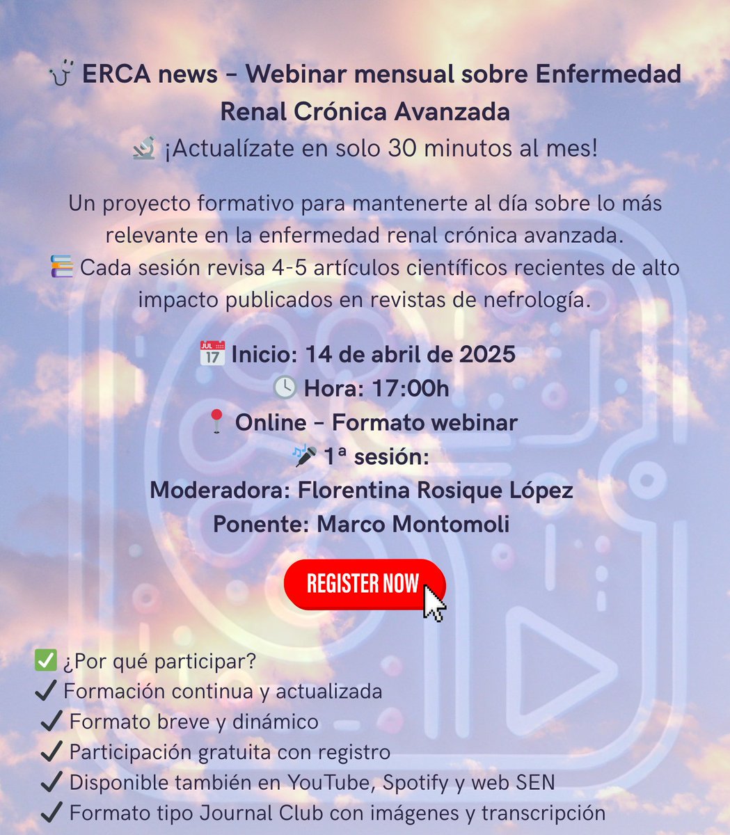 S.E.N. Nefrología (@senefrologia) on Twitter photo ¡HOY te esperamos en el episodio 1⃣ de ERCA News a las 17h CEST! <a href="/senjoven/">JovSEN</a>
👉Se comentaran los artículos + recientes e interesantes de #ERCA
🧠Actualización científica en formato dinámico, crítico y accesible
💻Regístrate: us02web.zoom.us/webinar/regist… <a href="/NovoNordiskES/">Novo Nordisk España</a> <a href="/CSLViforES/">CSL Vifor ES</a> ¡HOY te esperamos en el episodio 1⃣ de ERCA News a las 17h CEST! <a href="/senjoven/">JovSEN</a>
👉Se comentaran los artículos + recientes e interesantes de #ERCA
🧠Actualización científica en formato dinámico, crítico y accesible
💻Regístrate: us02web.zoom.us/webinar/regist… <a href="/NovoNordiskES/">Novo Nordisk España</a> <a href="/CSLViforES/">CSL Vifor ES</a>