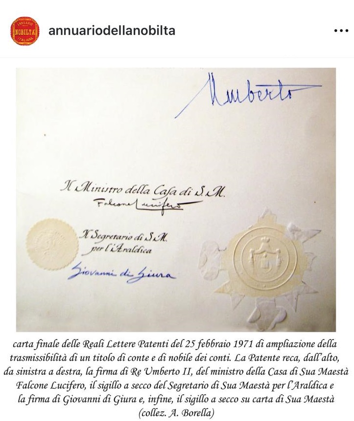 annuarionobilta's tweet photo. #Carta finale delle Reali Lettere Patenti del 25 febbraio 1971. #UmbertoII #CasaSavoia #Savoia #Araldica #AnnuarioDellaNobiltàItaliana #collezione #AndreaBorella https://t.co/3tcjPT78bE