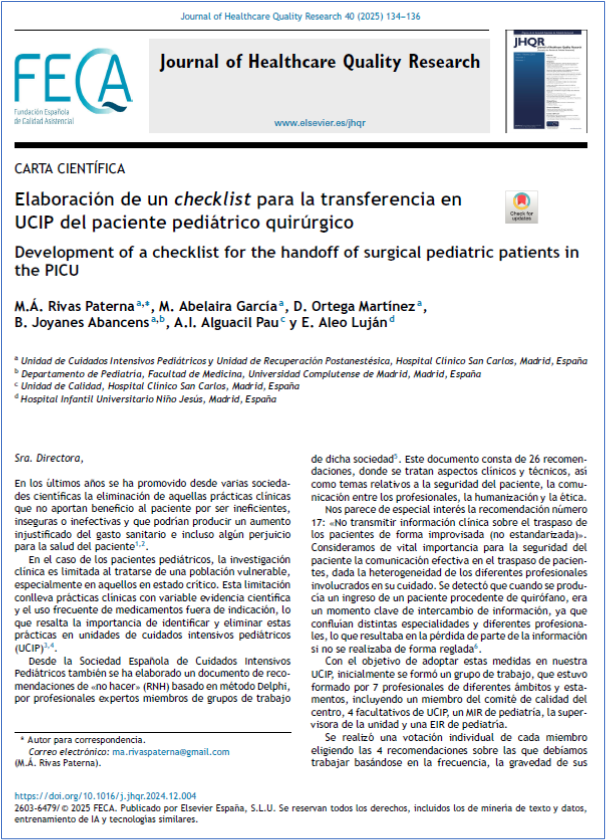 Journal of Healthcare Quality Research (@jhealthqualityr) on Twitter photo 📰 Elaboración de checklist para la transferencia en UCIP del paciente...
✏️Carta Científica de MA Rivas Paterna <a href="/JHealthQualityR/">Journal of Healthcare Quality Research</a> #RevistaSECA #JHQR
👉 bit.ly/4igms3a
✅ #CalidadAsistencial #Checklist #TransferenciaDePaciente #SBAR #UCIPediatrica #SeguridadDelPaciente 📰 Elaboración de checklist para la transferencia en UCIP del paciente...
✏️Carta Científica de MA Rivas Paterna <a href="/JHealthQualityR/">Journal of Healthcare Quality Research</a> #RevistaSECA #JHQR
👉 bit.ly/4igms3a
✅ #CalidadAsistencial #Checklist #TransferenciaDePaciente #SBAR #UCIPediatrica #SeguridadDelPaciente