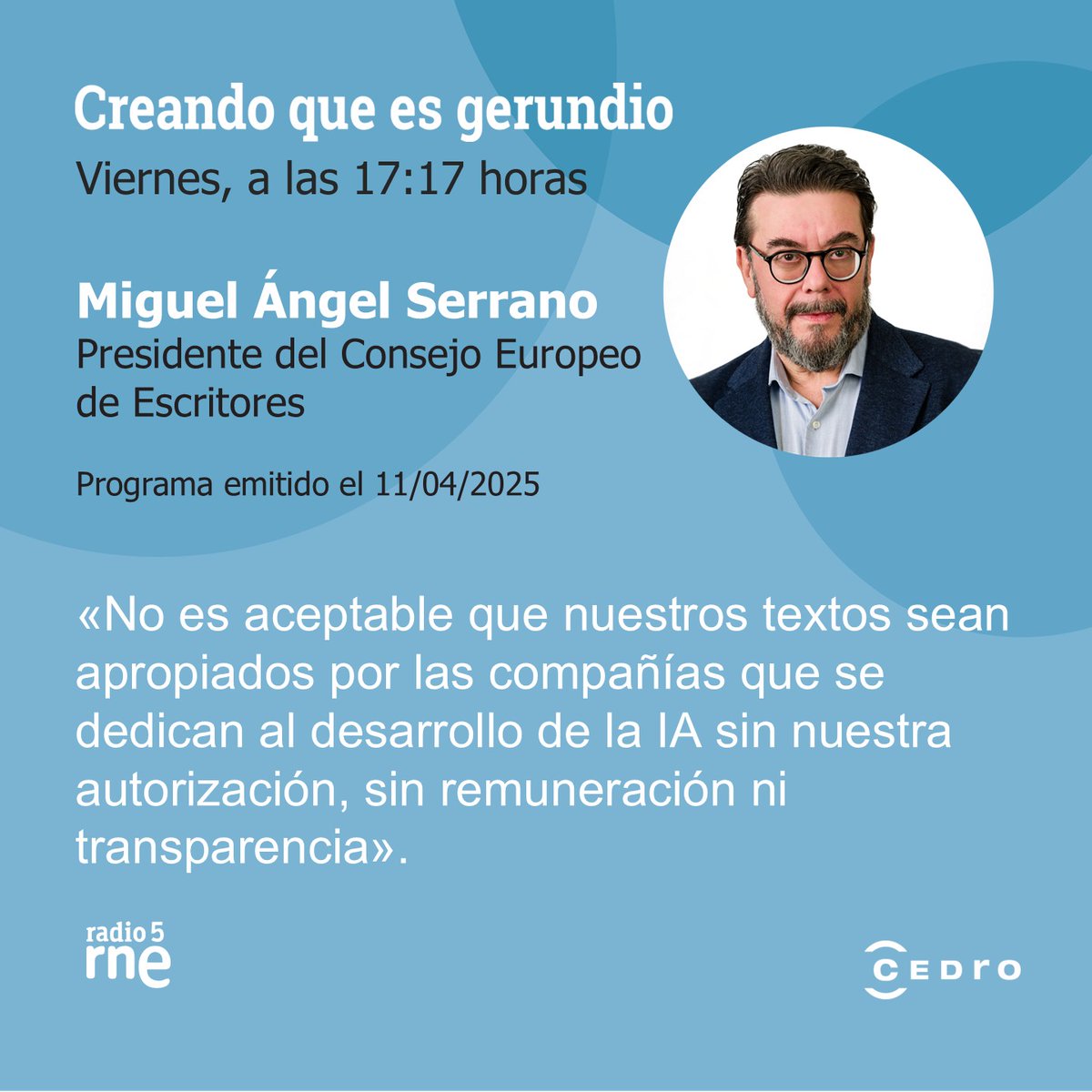 ¿Están los autores europeos preocupados por la #IA?

<a href="/MiguelAnSerrano/">Miguel Ángel Serrano</a>, presidente del Consejo Europeo de Escritores, aborda este tema en #CreandoQueEsGerundio.

📻En <a href="/radio5_rne/">Radio 5</a>  👉 ow.ly/x6eG50VzL8v