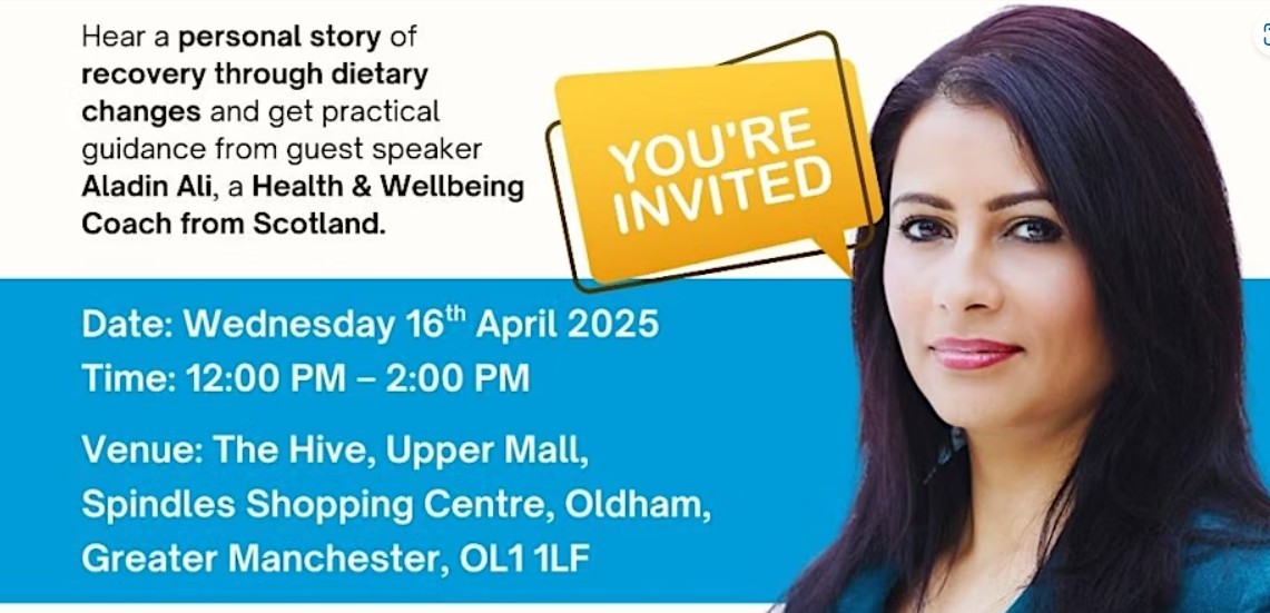 Food for thought this Wednesday as eminent #Glasgow health mentor Aladin Ali discusses Transforming Chronic Illness Through Nutrition at The Hive. Midday Spindles Shopping Centre, #Oldham
eventbrite.co.uk/e/hope-healing…
