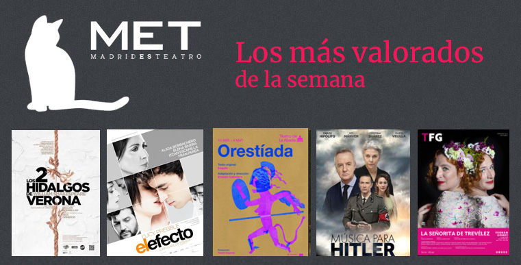 Tres obras recién estrenadas se colocan en lo más alto  de #LosMásValorados.
1⃣  # LOS DOS HIDALGOS DE VERONA #TeatrodelaComedia
2⃣ # EL EFECTO <a href="/TeatrosCanal/">Teatros del Canal ▪️ Comunidad de Madrid</a> 
3⃣ # ORESTÍADA <a href="/teatroabadia/">Teatro de La Abadía</a> 
4⃣ # MÚSICA PARA HITLER <a href="/TeatrosCanal/">Teatros del Canal ▪️ Comunidad de Madrid</a> 
5⃣ # LA SEÑORITA DE TREVELEZ <a href="/fernangomezCCV/">Fernán Gómez. Centro Cultural de la Villa</a>