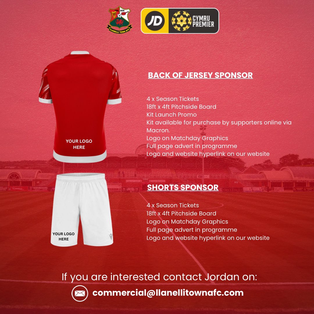 Come and sponsor the Cymru South Champions as we return to the Cymru Premier!

With live televised matches on Sgorio and growing national attention, this is your chance to put your brand in the spotlight.

Be part of our journey. Be seen. Be proud.

#WeAreRed