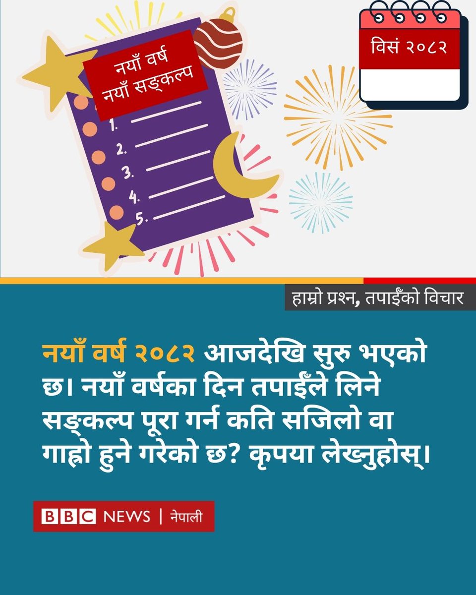 bbcnepali's tweet image. नयाँ वर्ष २०८२ मा तपाईँले के गर्ने सङ्कल्प गर्नुभएको छ? त्यो पूरा गर्न कति सहज होला?
#BBCNepali #NewYear2082 #NewYearResolution