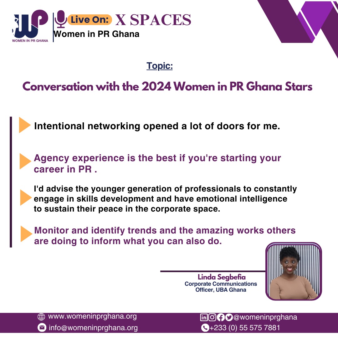 womeninprghana's tweet photo. We had an insightful XSpace Conversation with the 2024 Women in PR Ghana Stars last Thursday.
Couldn't join us? Here are some excerpts of our conversation for you!
#womeninprghana
#wiprghana
#womeninprstars
#publicrelations https://t.co/RQ3WFBikFI