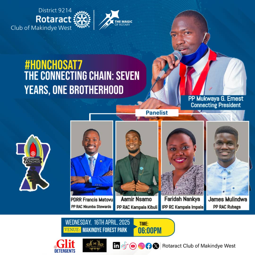 Rotaract Makindye West (@rctmakindyewest) on Twitter photo HONCHOS AT 7 Celebrations series
This Wednesday Join us as PP <a href="/Gwoter05/">Mukwaya G. Ernest</a> leads a powerful panel of Connecting Presidents: PDRR <a href="/Matovufrancis53/">Matovu Francis</a>, <a href="/Amirnsamo23/">Aamir Zacky Nsamo</a>, <a href="/FaridahNankya/">Faridah Nsubuga Nankya</a>, and @Mulindwajames โ all under one roof to celebrate the strength of our leadership.
#HonchosAt7 HONCHOS AT 7 Celebrations series
This Wednesday Join us as PP <a href="/Gwoter05/">Mukwaya G. Ernest</a> leads a powerful panel of Connecting Presidents: PDRR <a href="/Matovufrancis53/">Matovu Francis</a>, <a href="/Amirnsamo23/">Aamir Zacky Nsamo</a>, <a href="/FaridahNankya/">Faridah Nsubuga Nankya</a>, and @Mulindwajames โ all under one roof to celebrate the strength of our leadership.
#HonchosAt7