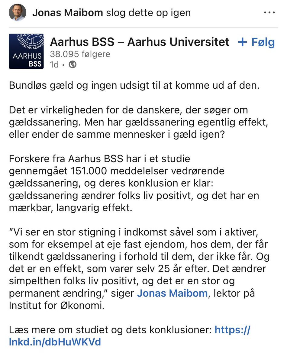 Forskere fra Aarhus BSS har i et studie vist at gældssanering ændrer folks liv positivt og har en mærkbar effekt

”Og det er en effekt, som varer selv 25 år efter. Det ændrer simpelthen folks liv positivt, og det er en stor og permanent ændring,” siger <a href="/JonasMaibom/">Jonas Maibom</a> , lektor på