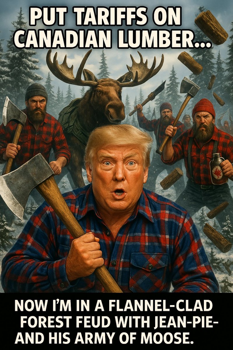 RiffsOnSol's tweet photo. 🇺🇸 BREAKING:
Trump imposes massive tariffs on Canadian lumber...
🪓 Canada responds by mobilizing elite lumberjack units.

🔥 The Great Timber Stand-Off begins.
Nobody gets 2x4s until the syrup flows. https://t.co/NGZI6nEHL2