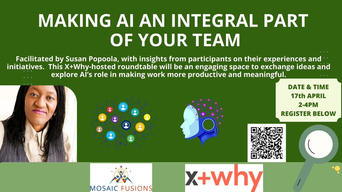 SusanPopoola (@susanpopoola) on Twitter photo Join us this Thursday for a Roundtable discussion, hosted by X+Why in Milton Keynes on “Making AI an Integral Part of Your Team”
Book your place now: eventbrite.co.uk/e/making-ai-an…
#AI  #Team  #Productivity #Leadership #MiltonKeynes  #Business #Roundtable Join us this Thursday for a Roundtable discussion, hosted by X+Why in Milton Keynes on “Making AI an Integral Part of Your Team”
Book your place now: eventbrite.co.uk/e/making-ai-an…
#AI  #Team  #Productivity #Leadership #MiltonKeynes  #Business #Roundtable