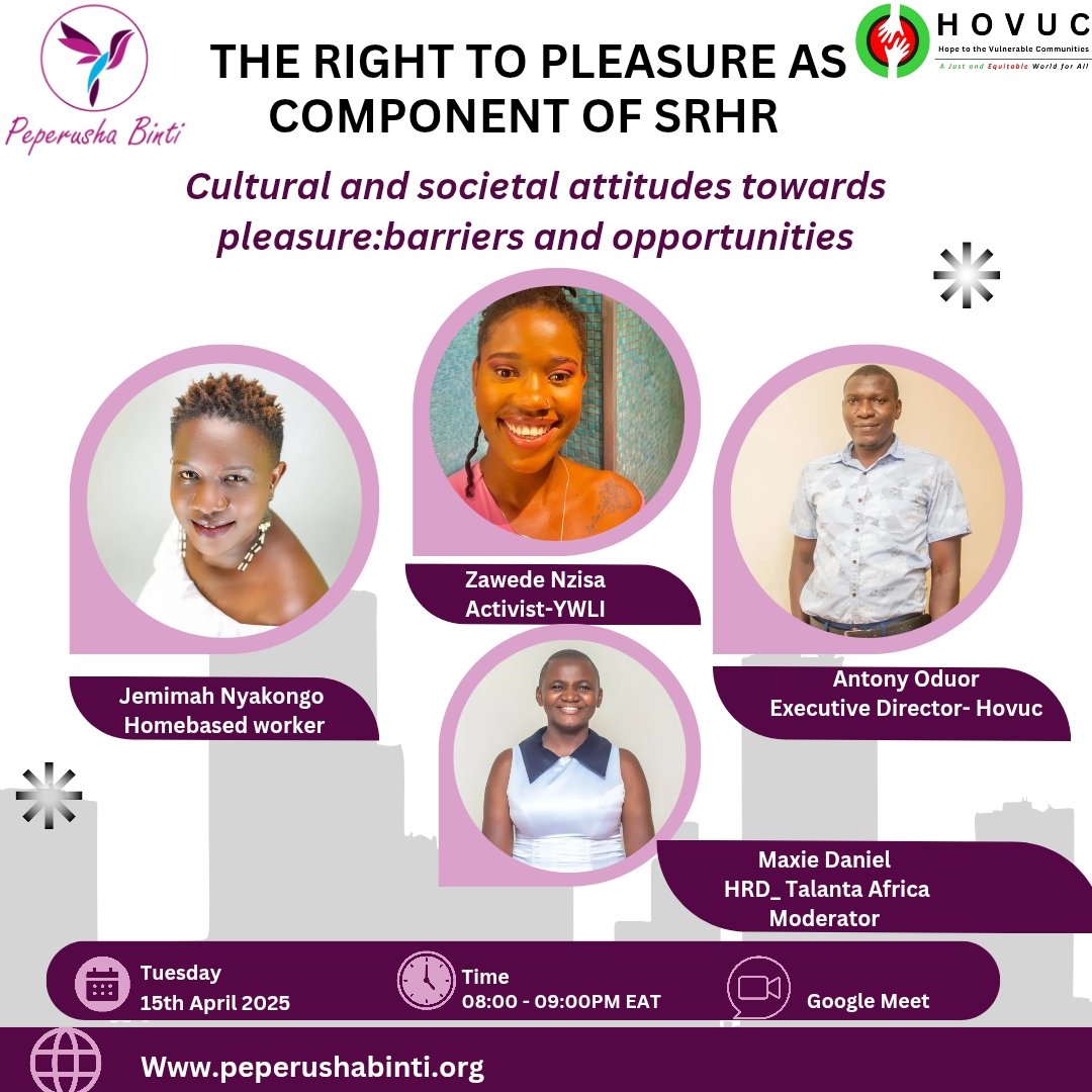 Peperusha Binti (@peperushab) on Twitter photo In partnership with <a href="/hovuckenya_org/">Hope to the Vulnerable Communities (HOVUC)</a> ,we will be hosting a conversation on THE RIGHT TO PLEASURE AS A COMPONENT OF SRHR
Join us for this webinar through the link below
meet.google.com/fpr-hkxe-rda
On Tuesday 15th April 2025 from 8pm EAT. In partnership with <a href="/hovuckenya_org/">Hope to the Vulnerable Communities (HOVUC)</a> ,we will be hosting a conversation on THE RIGHT TO PLEASURE AS A COMPONENT OF SRHR
Join us for this webinar through the link below
meet.google.com/fpr-hkxe-rda
On Tuesday 15th April 2025 from 8pm EAT.