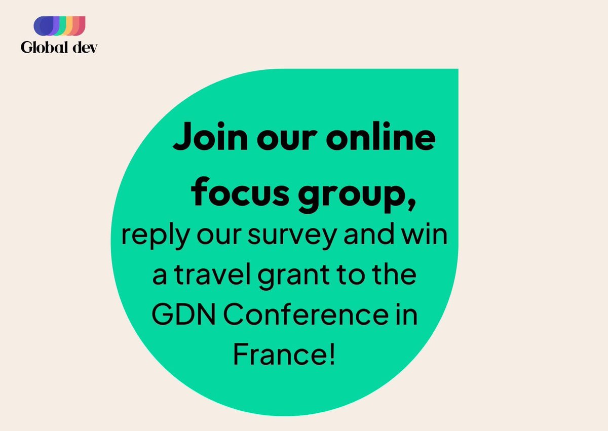 GlobaldevB's tweet photo. ✈️ Win a #travel grant to the @GDNint Conference in France!
As part of an ongoing external evaluation, we’re working to make GlobalDev more useful, engaging, and impactful for our readers.

💬 Join a #focusgroup on April, 23 at 12 GMT to discuss: Blogging + writing practices  + ideas for better communication on development
👉 Plus complete our #survey by May 1st to enter a raffle to win a travel grant to attend the GDN Conference 2025 in Clermont-Ferrand!

There, you'll also get access to exclusive GlobalDev workshops on research communication.
Take the survey now: https://t.co/xTU5M8uEsh
Link for the focus group in English:  https://t.co/jWKLYXzbR6