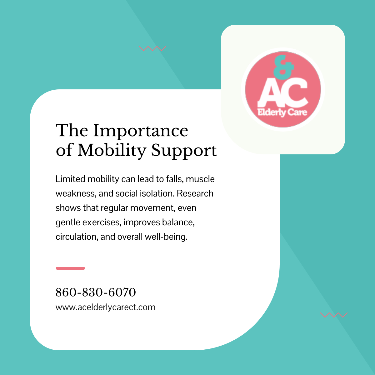 acelderlycare's tweet photo. Staying active is key to aging well. Gentle movement and mobility support reduce fall risks and improve overall health. Help your loved one maintain independence with safe, daily activity. 

#EastHartfordCT #HomeCare #SeniorMobility https://t.co/LXFFFAReWR