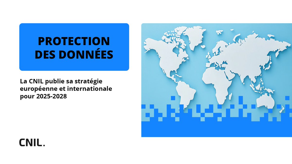 CNIL's tweet image. La stratégie 🇪🇺 et internationale de la CNIL concernant la protection des données comporte 3 axes prioritaires : fluidifier la coopération 🇪🇺, promouvoir des standards internationaux élevés de protection des données et consolider son réseau d’influence 👉 cnil.fr/fr/la-cnil-pub…
