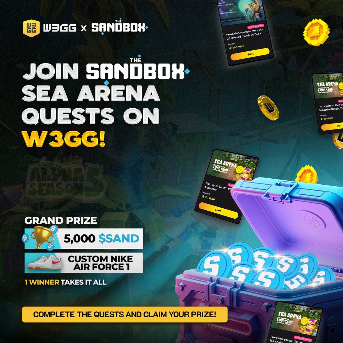 ⚡ <a href="/TheSandboxSEA/">The Sandbox SEA</a> fam — still grinding? You should be.

The SEA Arena Quest for The Sandbox Alpha S5 is rollin’ on W3GG ⚡

Whether you’ve been showing up for AMAs, stacking milestones, or flexing those past passes — it all counts.

🎟️ Each quest = more raffle entries
More