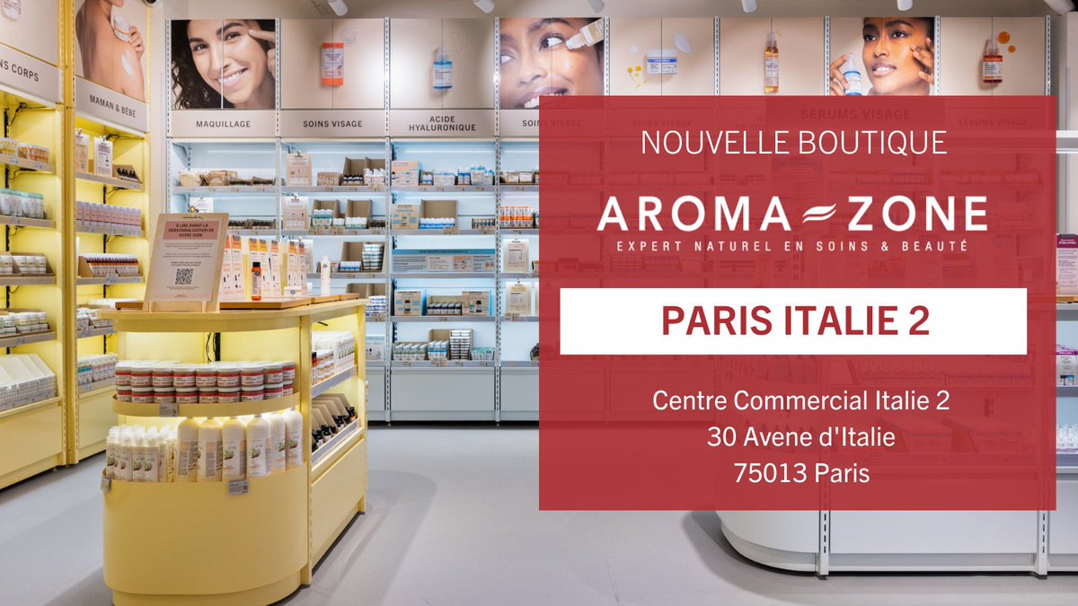 NOUVELLE BOUTIQUE AROMA-ZONE 😍

Notre nouvelle boutique Aroma-Zone a ouvert ses portes au centre commercial <a href="/ItalieDeux/">Italie Deux</a> 

Nous avons hâte de vous y accueillir du lundi au samedi de 10h à 20h et le dimanche de 11h à 19h !

A très bientôt !