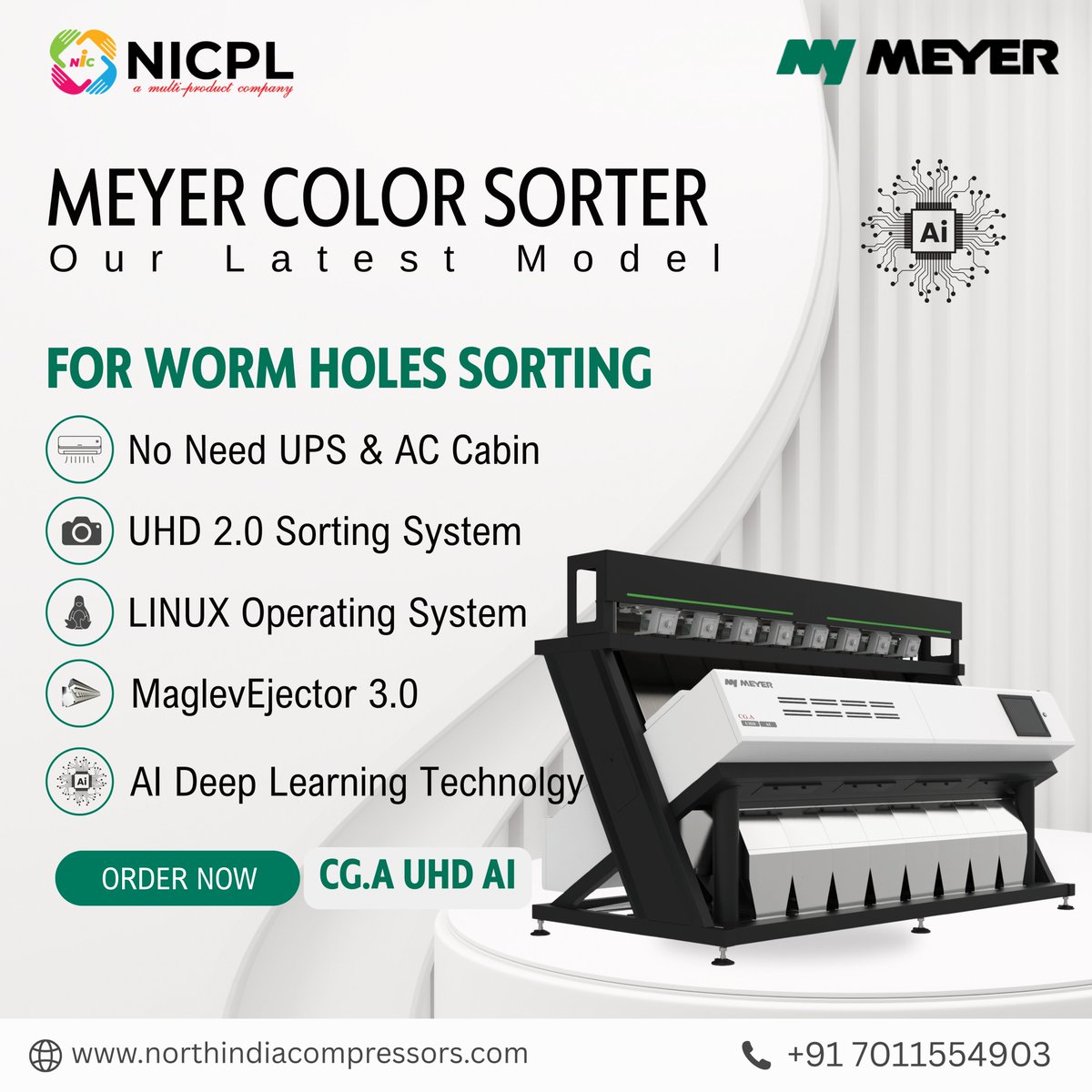 N_I_C_P_L's tweet image. 🚀 Introducing Our Latest Innovation!
🌾 MEYER COLOR SORTER – CG.A UHD AI

👉 ORDER NOW from northindiacompressors.com
📞 +91 7011554903

#MeyerColorSorter #NICPL #GrainSorting #AItechnology #AgriTech #MeyerCG #SortingMachine #ColorSorterMachine #UHD2.0 #AgriInnovation