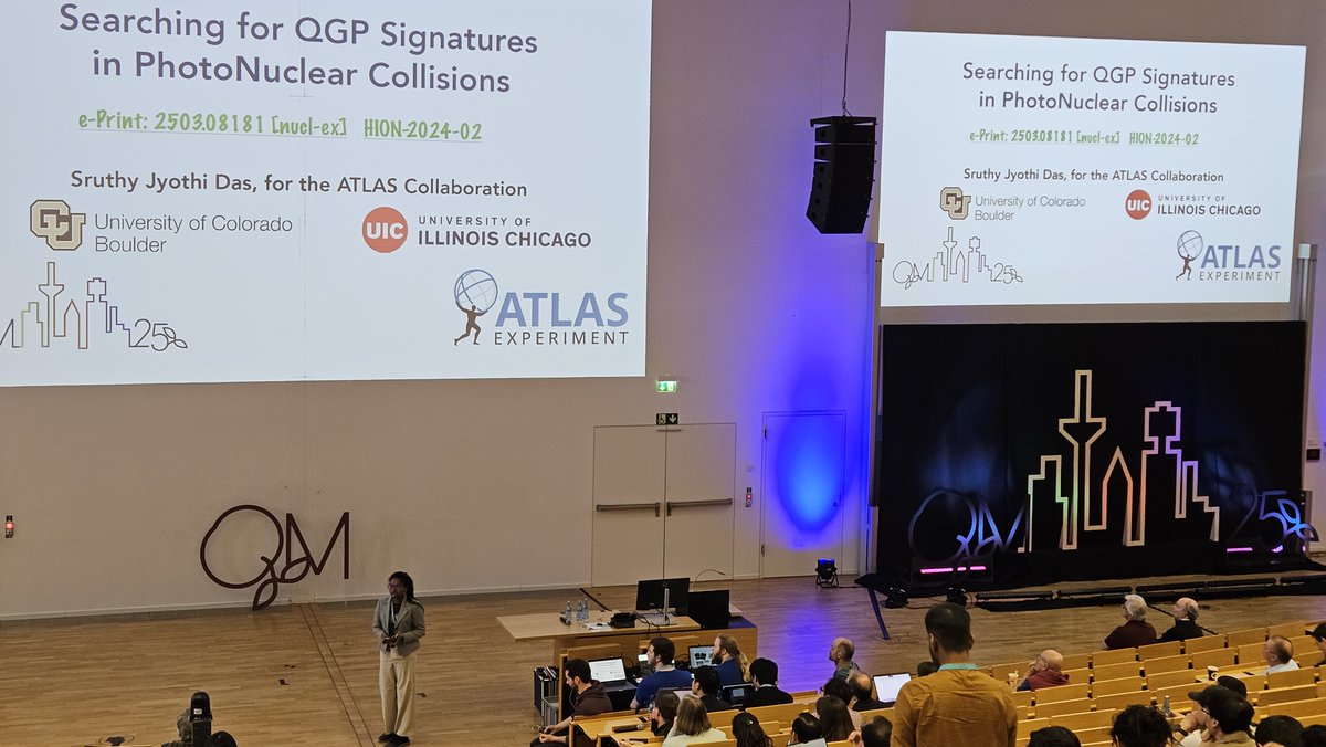 Dennis V. Perepelitsa πΊπ¦πΊπ² (@profdvp) on Twitter photo Great Quark Matter 2025 conference in Germany last week! Some photos of talks by our <a href="/CUBoulderPhys/">CU Boulder Physics</a> group + alumni:
* JaeBeom Park, first sPHENIX physics!
* Blair Seidlitz (PhD '22), collectivity plenary
* Chris McGinn, jets plenary
* Sruthy Das (PhD '24), flash talk award Great Quark Matter 2025 conference in Germany last week! Some photos of talks by our <a href="/CUBoulderPhys/">CU Boulder Physics</a> group + alumni:
* JaeBeom Park, first sPHENIX physics!
* Blair Seidlitz (PhD '22), collectivity plenary
* Chris McGinn, jets plenary
* Sruthy Das (PhD '24), flash talk award