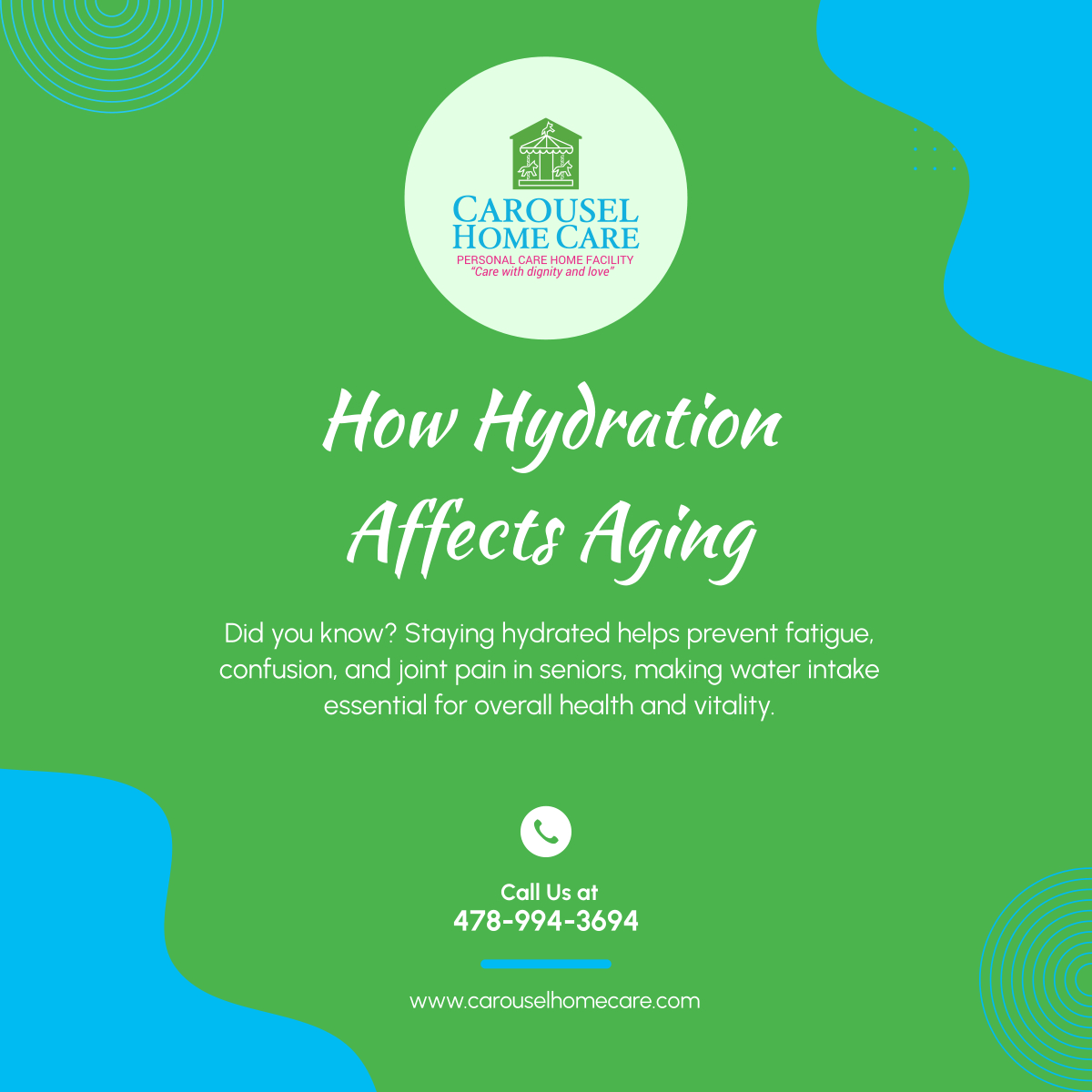 carouselhc's tweet image. Hydration is key to senior health! Encourage regular water intake to support energy, cognition, and joint function. Stay hydrated and feel better! 

#ForsythGA #AssistedLiving #WellnessTips