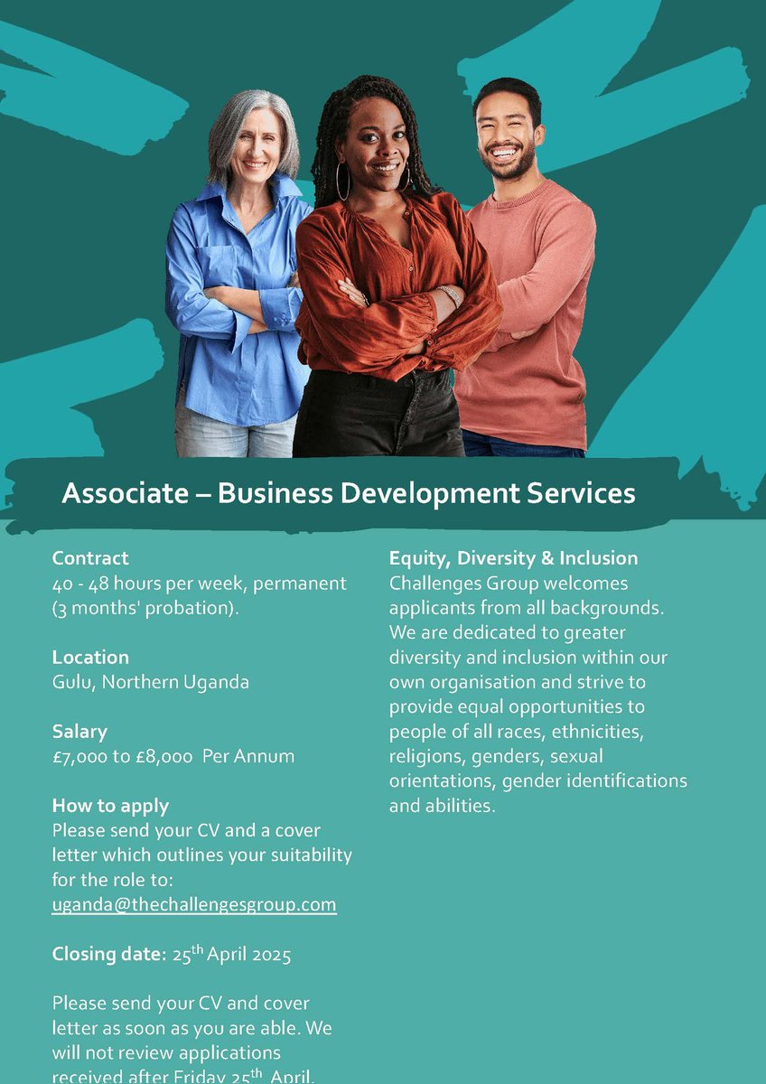 Challenges Uganda (@challenges_ug) on Twitter photo WE ARE HIRING!
<a href="/Challenges_UG/">Challenges Uganda</a> is looking for a skilled and motivated individual to join our team in Gulu as Associates under our Business Advisory Team.
Please send your CV and a cover letter to:
uganda@thechallengesgroup.com
For more info: acrobat.adobe.com/id/urn:aaid:sc… WE ARE HIRING!
<a href="/Challenges_UG/">Challenges Uganda</a> is looking for a skilled and motivated individual to join our team in Gulu as Associates under our Business Advisory Team.
Please send your CV and a cover letter to:
uganda@thechallengesgroup.com
For more info: acrobat.adobe.com/id/urn:aaid:sc…