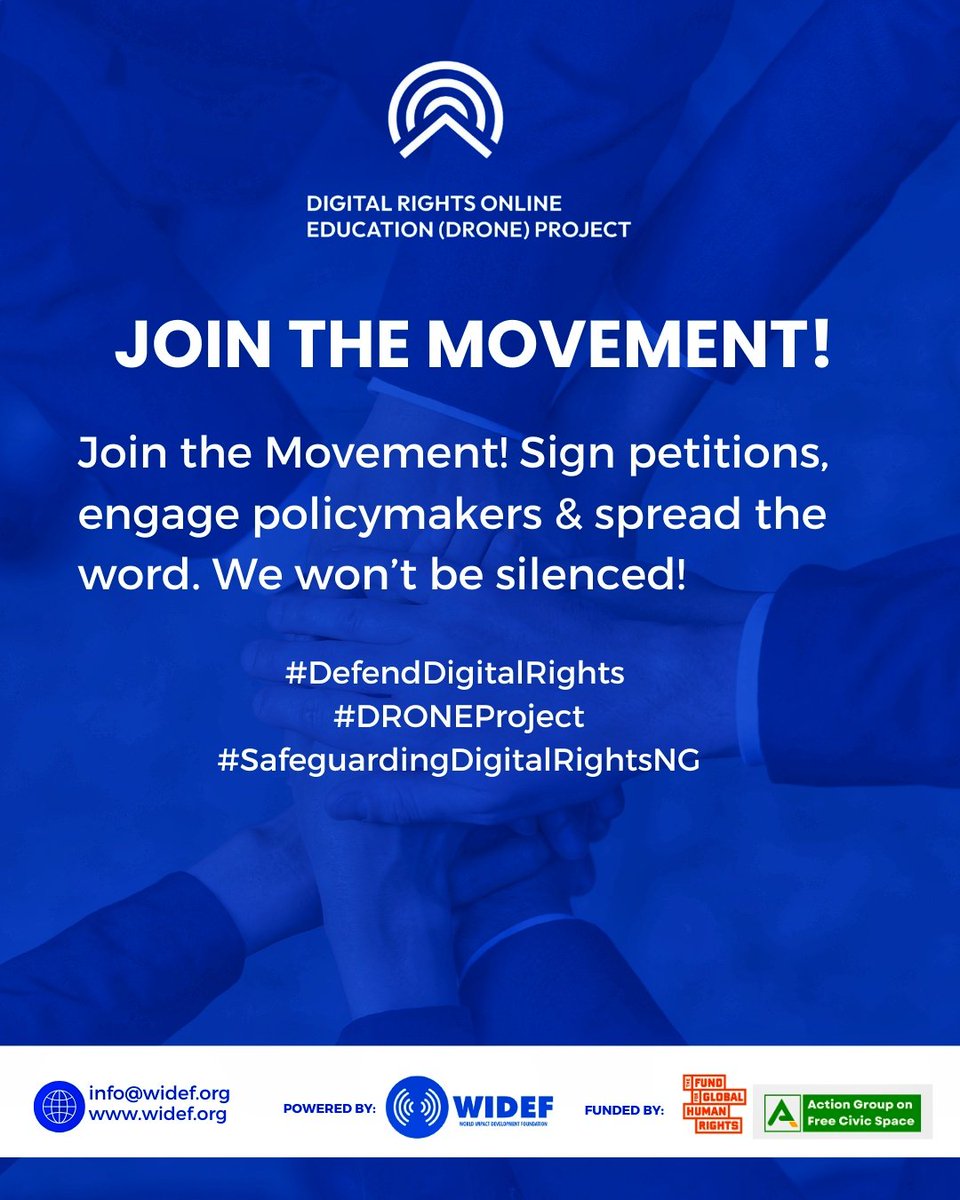 wideflive's tweet image. Join the Movement! 

Sign petitions, engage policymakers &amp;amp; spread the word. 

We won’t be silenced! 

#DigitalRights
#DefendDigitalRights 
#DRONEProject 
#SafeguardingDigitalRightsNG