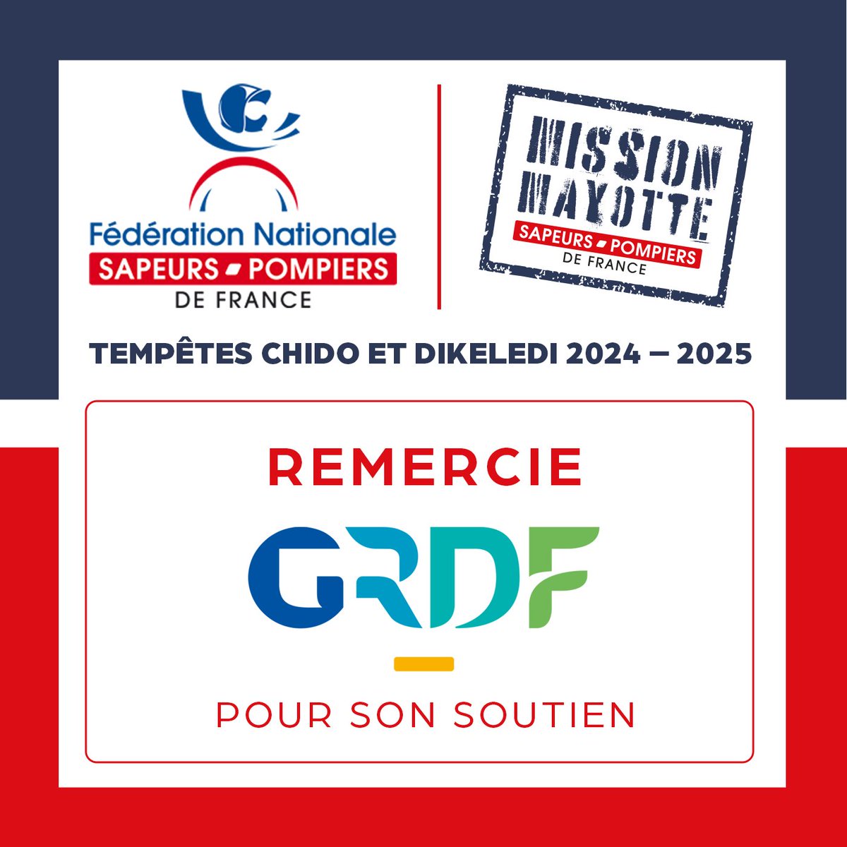 #Solidarité | La #FNSPF remercie <a href="/GRDF/">GRDF</a>  pour son soutien aux @pompiersFr et à la population suite aux cyclones #Chido et #Dikeledi. 

Grâce à eux, du matériels et autre produits nécessaires ont pu être livré.