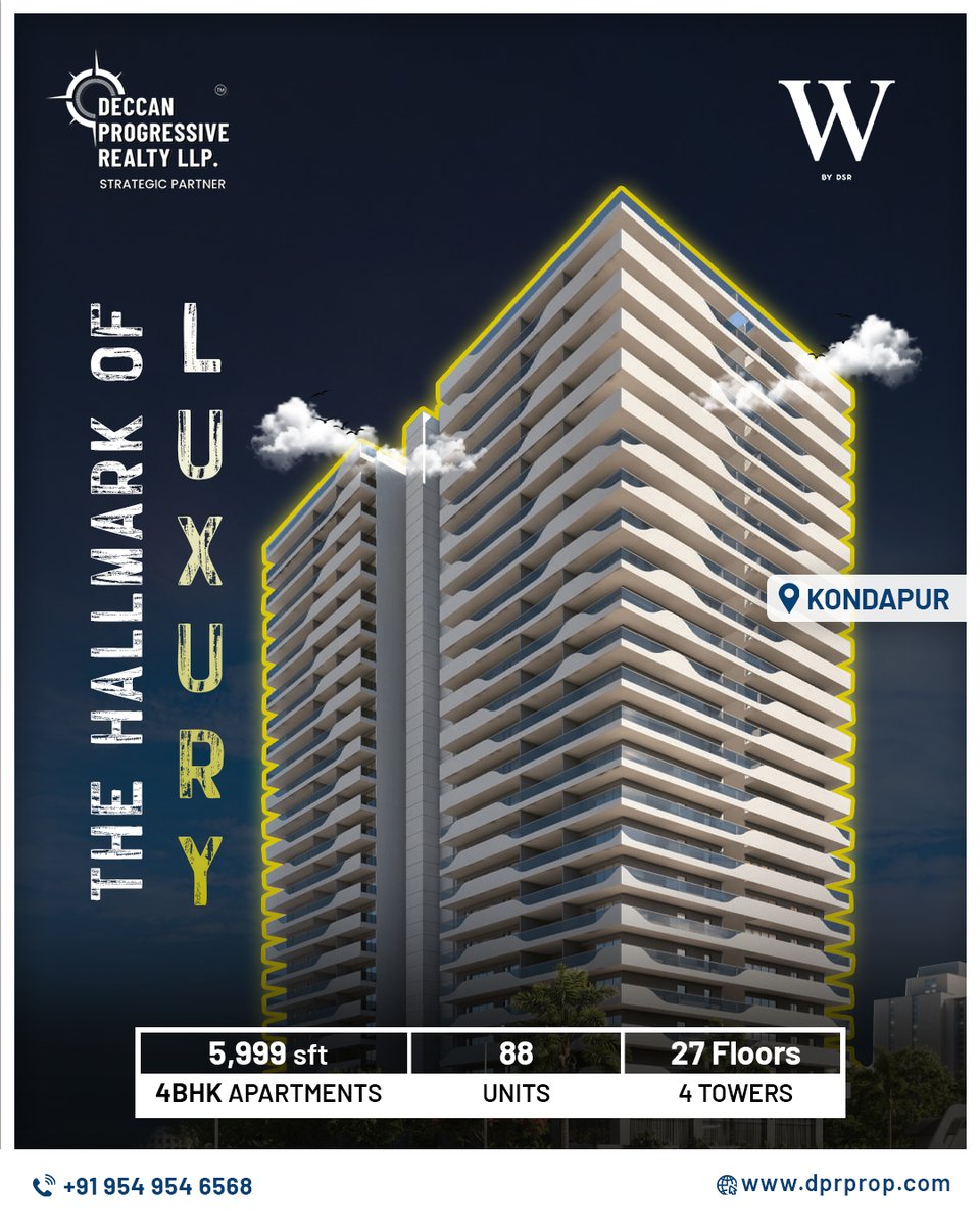 DeccanProp's tweet photo. Experience Signature Living at W by DSR | Kondapur

4 Iconic Towers | 27 Floors | 88 Ultra-Luxury 4BHKs (5,999 sq.ft.)

💫 Euro Interiors | Smart Automation | Infinity Pool | 24x7 Café

📍#Kondapur 

🔗 Explore the epitome of elegance: https://t.co/hIZkazaHBh 

#HyderabadHomes https://t.co/0JejM7MoLS