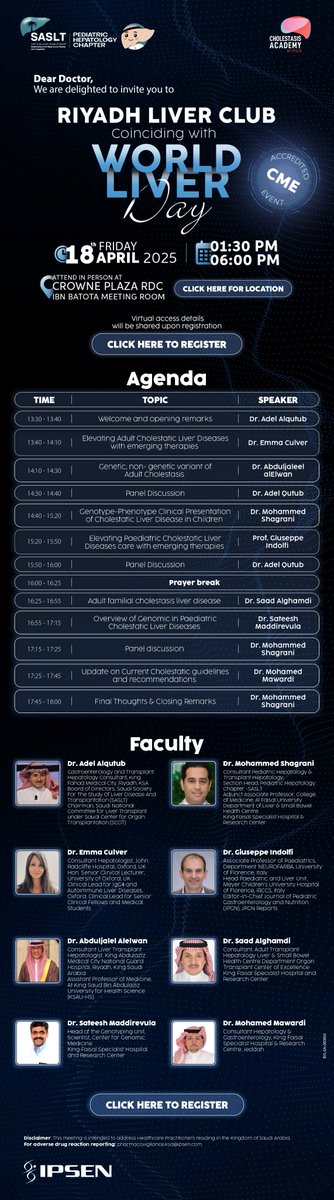 Riyadh Liver Club Meeting
Celebrating World Liver Day 2025
The Riyadh Liver Club is pleased to invite you to a special meeting in celebration of World Liver Day — a global initiative dedicated to promoting liver health and raising awareness on liver-related diseases.

🗓 Date: