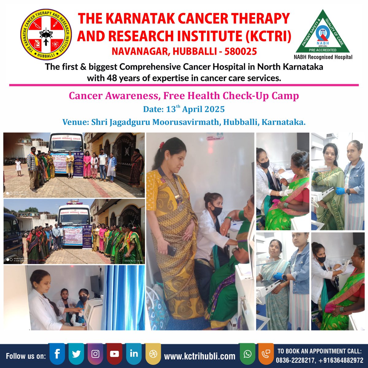 KctriHubballi's tweet photo. 🩺💗 HEART BEAT OF HUMANITY 💗🩺
On 13th April 2024, KCTRI conducted a Women’s Cancer Awareness &amp; Screening Camp at Moorusavirmath, Hubballi.
Over 300 women benefited with free tests incl. Mammography, PAP &amp; Megha Screening.
#CancerAwareness #WomensHealth #KCTRI #EarlyDetection https://t.co/vaQZRxOWRY