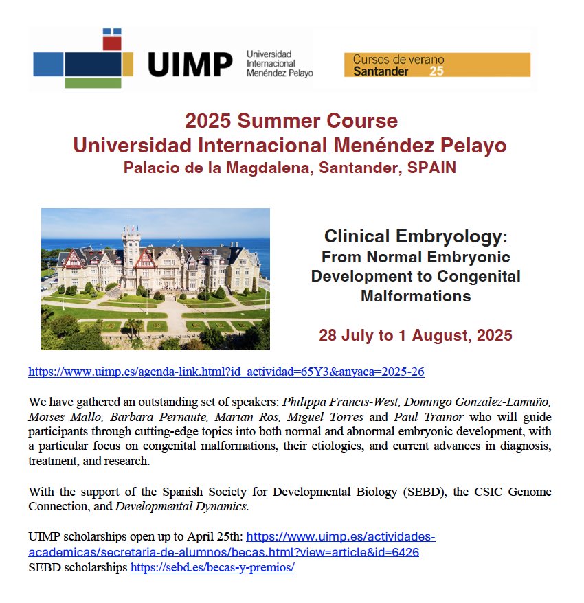 Marian (@marianrosl) on Twitter photo Join our Summer Course on Embryology at UIMP! Dive into the fascinating world of Dev Biol with expert-led sessions. Scholarships available until April 25!
uimp.es/actividades-ac…
Enroll now!
uimp.es/agenda-link.ht…
@Ibbtec @UIMP_ @SEBD_ <a href="/GenomaHubCSIC/">Genoma Hub CSIC</a> <a href="/DevelopmentalDy/">DevelopmentalDynamic</a> Join our Summer Course on Embryology at UIMP! Dive into the fascinating world of Dev Biol with expert-led sessions. Scholarships available until April 25!
uimp.es/actividades-ac…
Enroll now!
uimp.es/agenda-link.ht…
@Ibbtec @UIMP_ @SEBD_ <a href="/GenomaHubCSIC/">Genoma Hub CSIC</a> <a href="/DevelopmentalDy/">DevelopmentalDynamic</a>