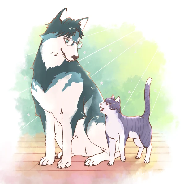 しっぽピーン猫と見守る犬#イラスト #illustration 