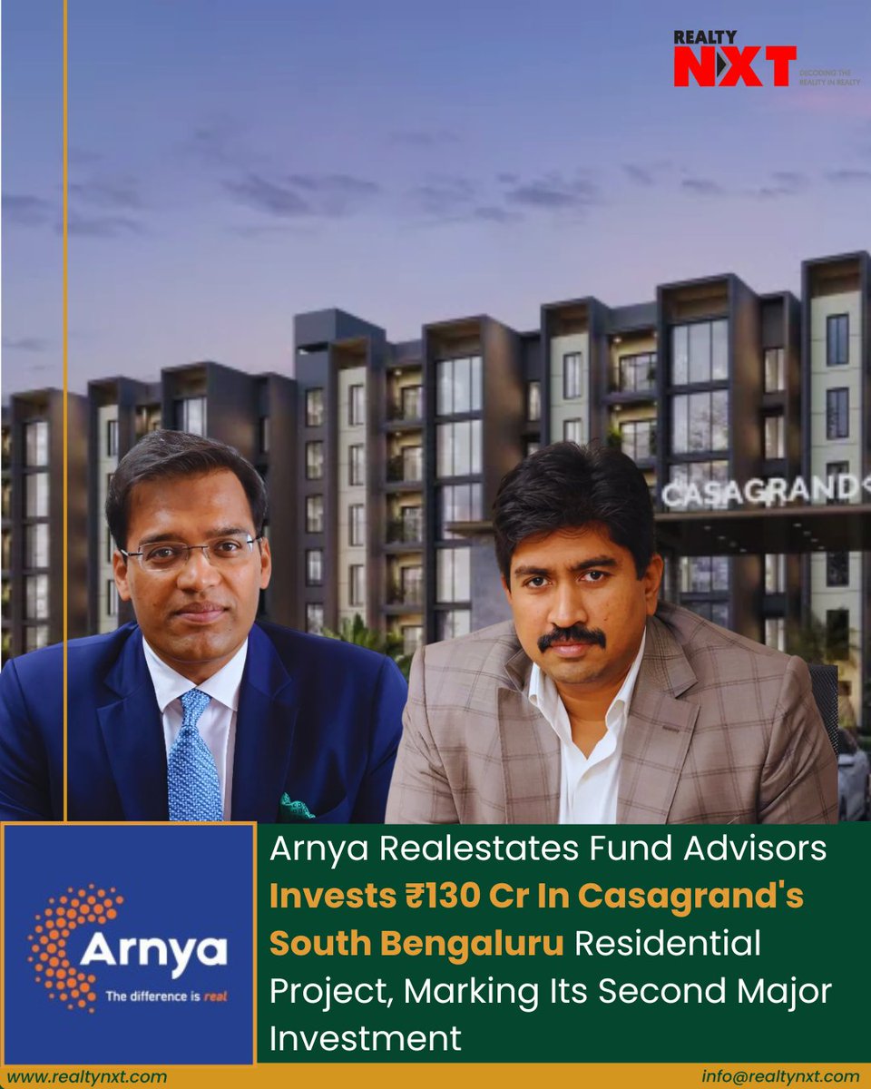 RealtyNXT's tweet photo. #News | @Arnyafund has announced its second investment of ₹130 crore in @casagrandhomes  upcoming residential project in South Bengaluru.

#RealtyNXT #SouthBengaluru #ResidentialProjects #StrategicPartnerships #BengaluruRealEstate
#HighYieldFund #PropertyNews #AIF https://t.co/p00kLjGUqm