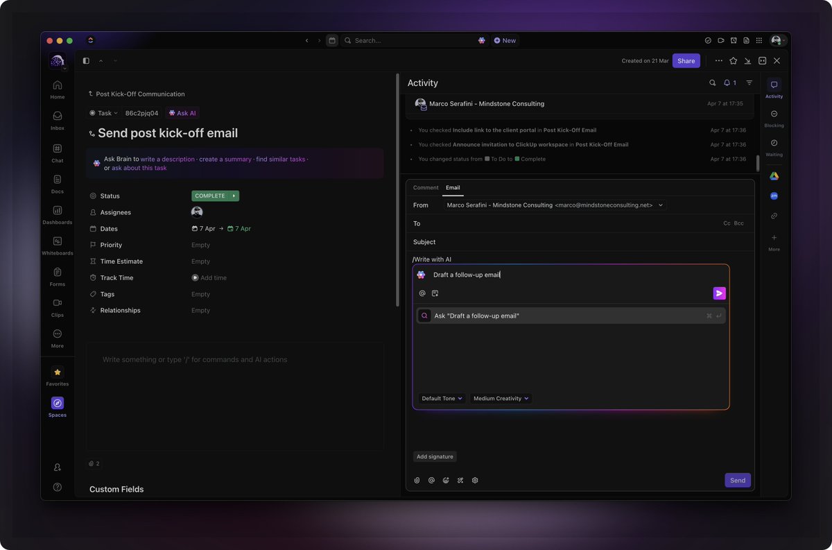 marco_ith's tweet image. The grind of follow-ups used to slow me down. Now, thanks to ClickUp AI, I&apos;ve reclaimed precious time to focus on what truly matters.
Real productivity is about prioritizing impact over mere output.
#Productivity #ClickUpAI #ClickUp