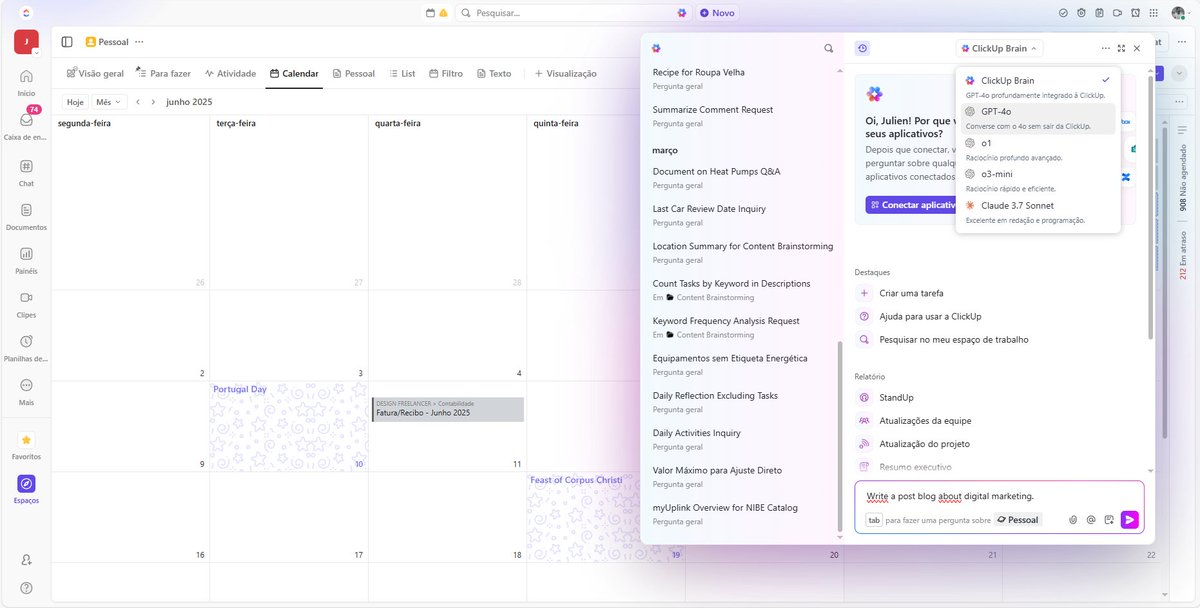 juliencosta_97's tweet image. Writer’s block? Not anymore. ✍️ ClickUp AI’s Writing Assistant helps me brainstorm, draft ad copy, and outline blog posts in minutes. Plus, GPT-4o is always ready to help. It’s like having a creative partner on demand. 💡 #MarketingMadeEasy #ClickUpAI #ClickUp