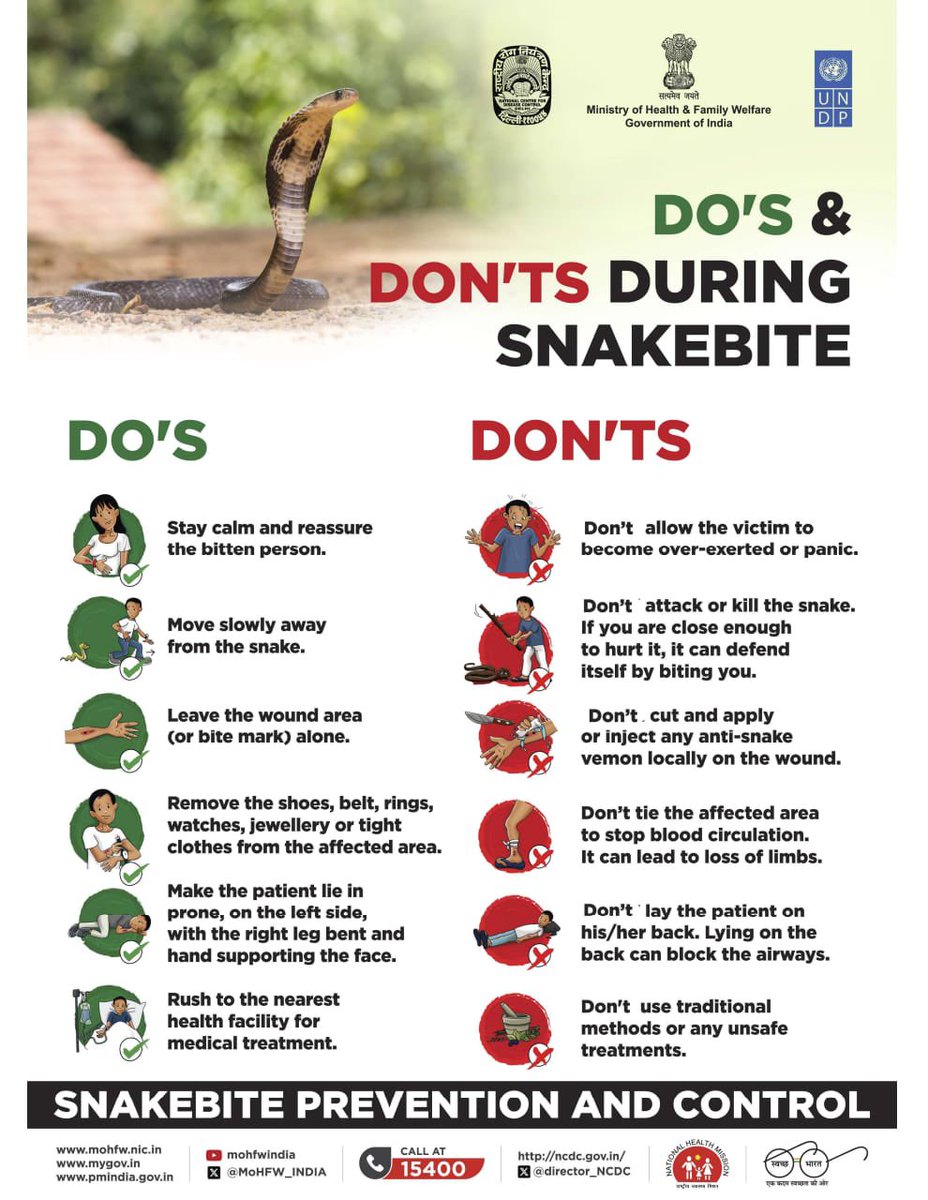 #SnakeBite | Don't let fear bite you twice! 

Remember these crucial DOs and DON'Ts: Stay calm, move away, and seek immediate medical help. Avoid panic, don't attack the snake, and never attempt unproven remedies. 

Your swift, informed action can save a life!