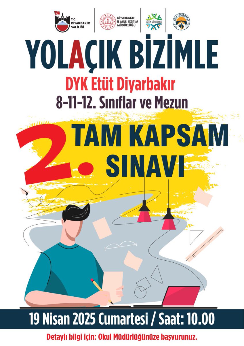 Etüt Diyarbakır (@etut_r) on Twitter photo YOL🅰️ÇIK BİZİMLE
DYK ETÜT DİYARBAKIR
Öğrencilerimizin akademik başarılarını artırmak amacıyla yürüttüğümüz DYK ETÜT DİYARBAKIR 17 ilçemizdeki 104 kurs merkezimizde 2.Tam Kapsam Sınavımızı gerçekleştiriyoruz.
<a href="/tcmeb/">Millî Eğitim Bakanlığı</a>
<a href="/vali_zorluoglu/">Murat Zorluoğlu</a>
<a href="/Murat4Kucukali/">Murat Küçükali</a>
<a href="/zulfu_ozkan/">Zülfü Özkan</a>
<a href="/Diyarbakirmem/">Diyarbakır İl Millî Eğitim Müdürlüğü</a> YOL🅰️ÇIK BİZİMLE
DYK ETÜT DİYARBAKIR
Öğrencilerimizin akademik başarılarını artırmak amacıyla yürüttüğümüz DYK ETÜT DİYARBAKIR 17 ilçemizdeki 104 kurs merkezimizde 2.Tam Kapsam Sınavımızı gerçekleştiriyoruz.
<a href="/tcmeb/">Millî Eğitim Bakanlığı</a>
<a href="/vali_zorluoglu/">Murat Zorluoğlu</a>
<a href="/Murat4Kucukali/">Murat Küçükali</a>
<a href="/zulfu_ozkan/">Zülfü Özkan</a>
<a href="/Diyarbakirmem/">Diyarbakır İl Millî Eğitim Müdürlüğü</a>