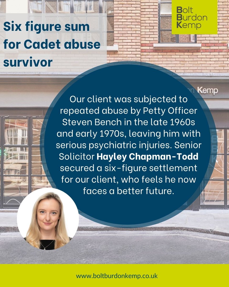 Bolt Burdon Kemp (@boltburdonkemp) on Twitter photo Well done to <a href="/HayleyChapman5/">Hayley Chapman-Todd</a>, Senior Solicitor in our <a href="/BBK_Abuse_Team/">BBK Abuse Team</a>, who recently secured a six figure settlement for a client who was sexually abused in the Cadets. Read more here: tinyurl.com/bdeemaxr Well done to <a href="/HayleyChapman5/">Hayley Chapman-Todd</a>, Senior Solicitor in our <a href="/BBK_Abuse_Team/">BBK Abuse Team</a>, who recently secured a six figure settlement for a client who was sexually abused in the Cadets. Read more here: tinyurl.com/bdeemaxr