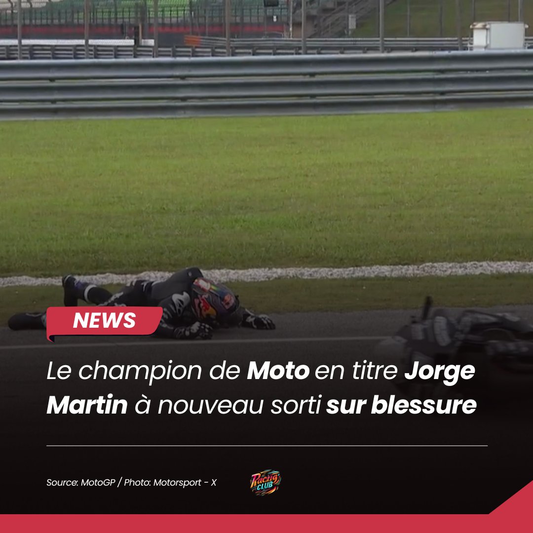 RacingClubMedia's tweet photo. Ce dimanche s'est déroulé le Grand Prix du Qatar en #MotoGP, qui signait le grand retour du champion du monde Jorge Martin. 

Blessé à la main gauche, l'espagnol était absent des circuits depuis le début de saison, et a surenchéri sur une chute en course, causant une blessure supplémentaire. 

Déjà souffrant ce vendredi dernier, l'équipe annonce que la chute du champion n'a pas aggravé ses blessures, mais qu'il se serait brisé plusieurs côtes, causant un pneumothorax sévère. Sa présence au prochain grand prix reste elle, incertaine.

#QatarGP #JorgeMartin #Champion