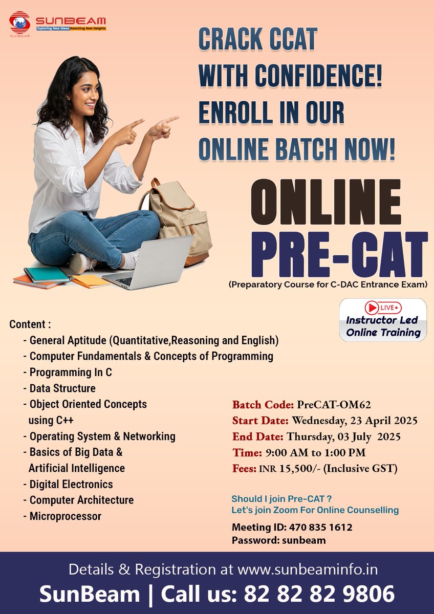 siitofficial's tweet photo. 🚀 Sunbeam’s Online #PreCAT Batch OM62 starts 23rd April 2025!
Covers Section A + B + C of #CDAC’s #CCAT exam.
Strengthen your basics &amp; get CDAC-ready!

Watch Course Overview: https://t.co/RJll8y5kEz 
Register: https://t.co/jcyajaAd6N

#CDAC2025 #PreDAC #Sunbeam #OnlineCourse https://t.co/2SHeCZrGgy