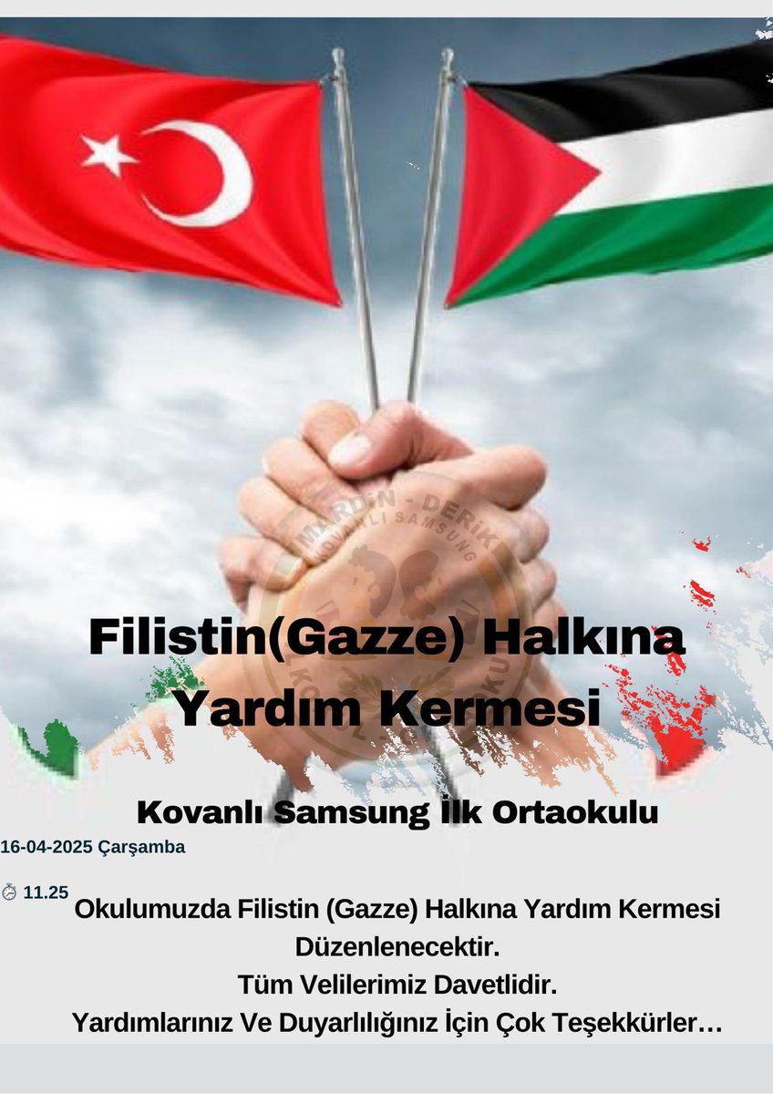 İyilikte yarışıyoruz. Filistin (Gazze)halkına yardım kermesimize hepiniz davetlisiniz.
16.04.2025 Çarşamba
Saat 11.25
<a href="/mardinilmem/">Mardin İl Millî Eğitim Müdürlüğü</a> 
<a href="/ali_eyyupkoca/">Ali Eyyupkoca</a> 
<a href="/SuleymnAKIN/">Süleyman AKIN🇹🇷</a> 
<a href="/makdag47/">Makdag</a> 
<a href="/derikmem47/">Mardin/Derik İlçe Millî Eğitim Müdürlüğü🟢🇹🇷</a> 
<a href="/MstfaKAHRAMAN/">Mustafa KAHRAMAN 🟢🇹🇷</a>