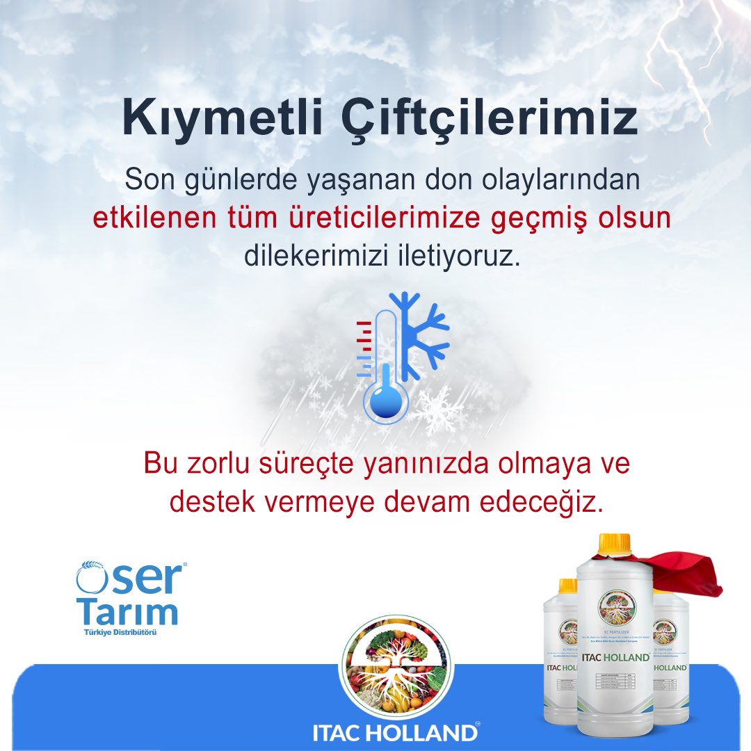 ITACHOLLAND's tweet photo. ⚠️ Kıymetli Çiftçilerimiz,

❄️ Son günlerde yaşanan don olayları, birçok üreticimizi olumsuz etkilemiştir.
Tüm üreticilerimize geçmiş olsun dileklerimizi iletiyor, bu zorlu süreçte yanınızda olduğumuzu belirtmek istiyoruz.

Saygılarımızla,
Oser Tarım &amp; ITAC HOLLAND https://t.co/PGvh7JFZBF