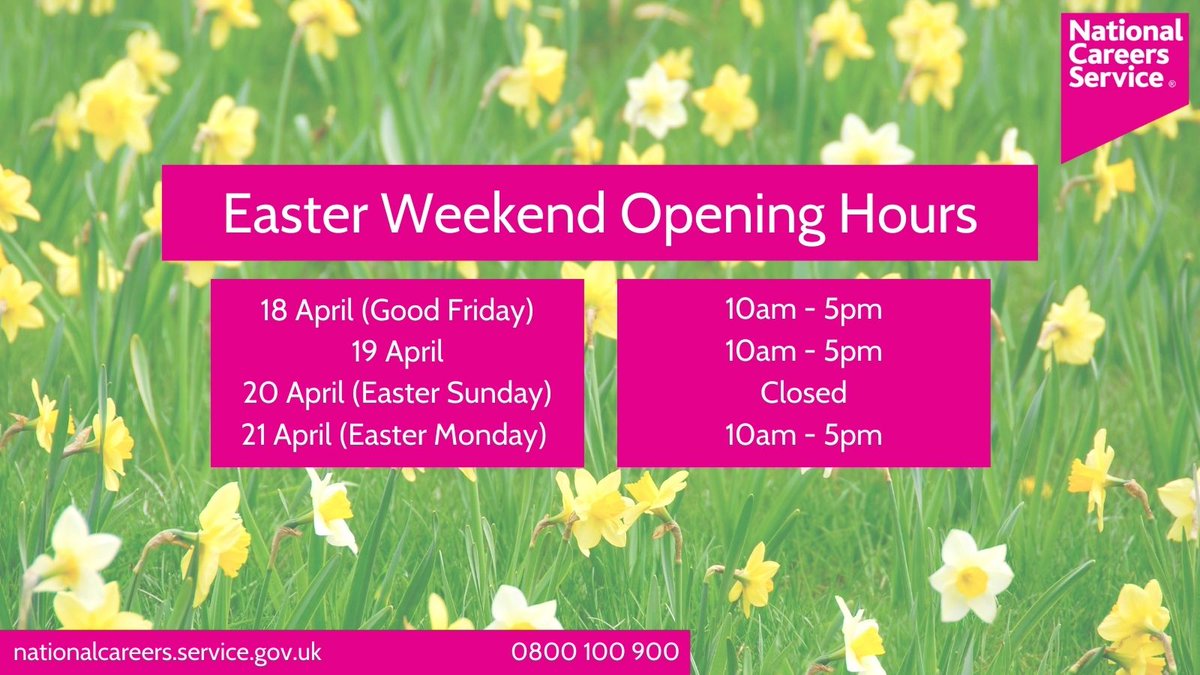 Our careers advisers will still be here for you over the Easter weekend.

18 April (Good Friday) - 10am to 5pm
19 April - 10am to 5pm
20 April (Easter Sunday) - Closed
21 April (Easter Monday) - 10am to 5pm

If you need us, get in touch 👇

nationalcareers.service.gov.uk/contact-us