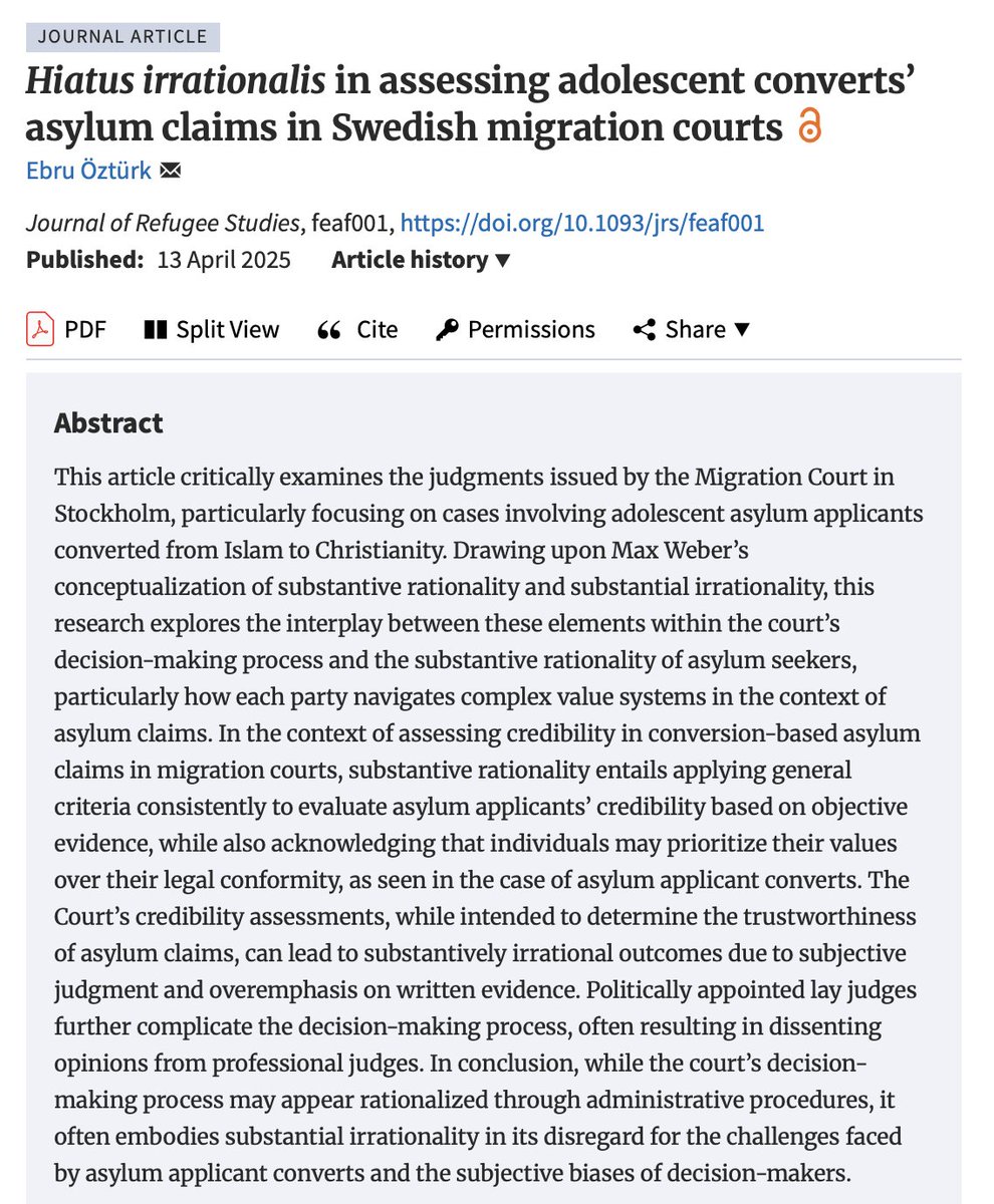 Ebru Öztürk (@ebrusungun) on Twitter photo Very glad to see that this piece is out in <a href="/JRefugeeStudies/">Journal of Refugee Studies</a> I analyze Stockholm Migration Court judgments on adolescent asylum seekers converted from Islam to Christianity showing how seemingly rational procedures mask irrationality and disregard for applicants' challenges. Very glad to see that this piece is out in <a href="/JRefugeeStudies/">Journal of Refugee Studies</a> I analyze Stockholm Migration Court judgments on adolescent asylum seekers converted from Islam to Christianity showing how seemingly rational procedures mask irrationality and disregard for applicants' challenges.