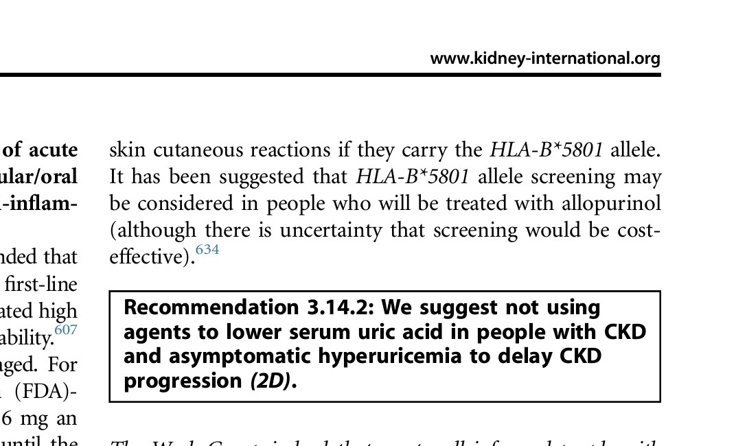 No, no evidencia para tratar hiperuricemia asintomática en #ERC. Los mismos criterios se aplican para pacientes sin ERC.#KDIGO 2024