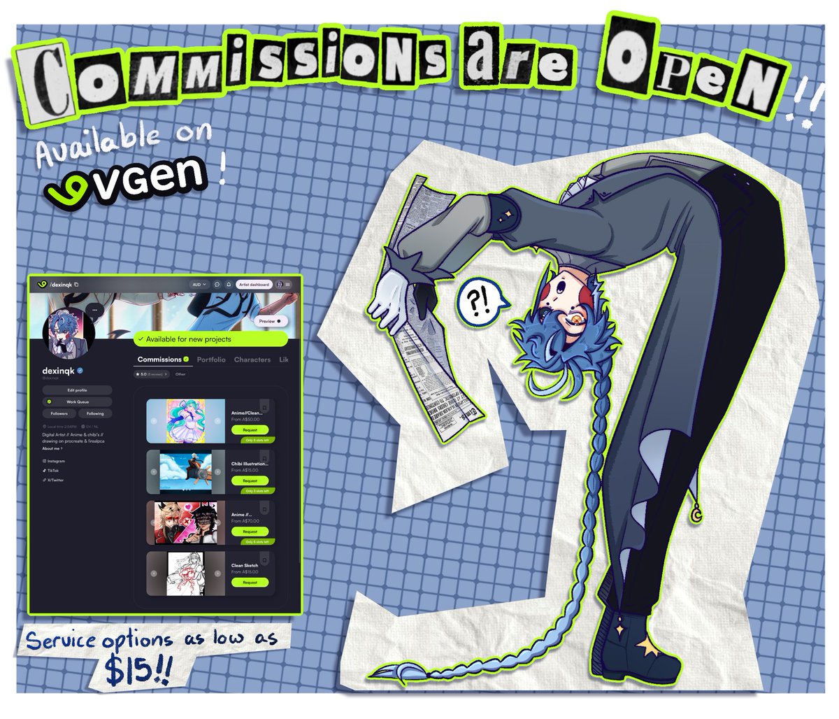 dexinqk's tweet photo. [check replies for last two images!]
Finally made a commissions post!
#commissions #comms #commissionsareopen #vgen #vgenopen #artist #artistcommissions #commissionsheet #commssheet #animeartist #chibiartist #fanart #funkycolours #originalcharacter #genshin #anime #miku https://t.co/i1pX5nYmGs