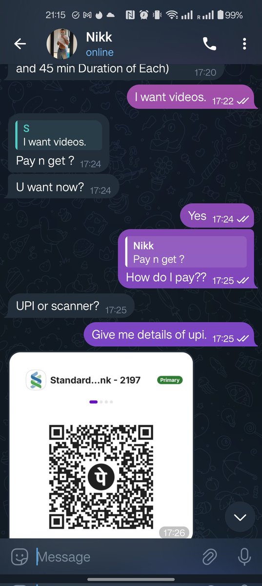 SatvikAfterDark's tweet photo. @musclejaattop30 scammed me yesterday. I paid him Rs. 1700 for his videos &amp; he just disappeared once he received it. He did not reply or answer my calls &amp; has now blocked me. Below are the screenshots of my chat on Telegram with him. Please report his profile for scamming me! https://t.co/rNswm5Yhg0