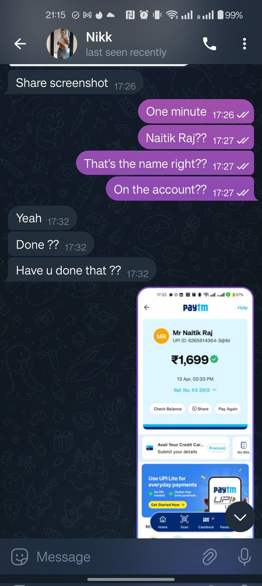 SatvikAfterDark's tweet photo. @musclejaattop30 scammed me yesterday. I paid him Rs. 1700 for his videos &amp; he just disappeared once he received it. He did not reply or answer my calls &amp; has now blocked me. Below are the screenshots of my chat on Telegram with him. Please report his profile for scamming me! https://t.co/rNswm5Yhg0