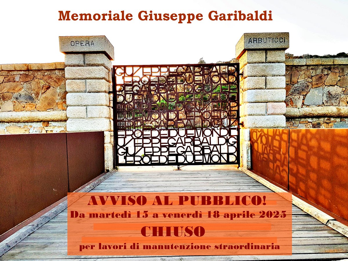 📌Informiamo i gentili visitatori che da domani martedì 15.04 sino a venerdì 18.04 il Memoriale Giuseppe Garibaldi sarà chiuso per lavori di manutenzione straordinaria. Sarà aperto da sabato 19.04 nel consueto orario di visita. 
Il Compendio Garibaldino sarà regolarmente aperto.