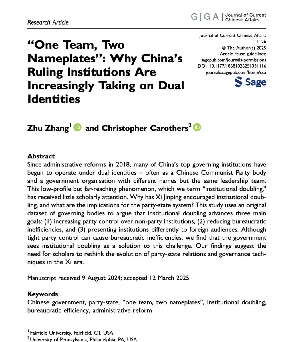 🔔 New #OpenAccess Article in #JCCA Journal of Current Chinese Affairs 
<a href="/GIGA_Institute/">German Institute for Global and Area Studies</a> <a href="/Sage_Publishing/">Sage</a> 

Zhu Zhang &amp; Christopher Carothers - “One Team, Two Nameplates”: Why China's Ruling Institutions Are Increasingly Taking on Dual Identities
journals.sagepub.com/doi/10.1177/18…